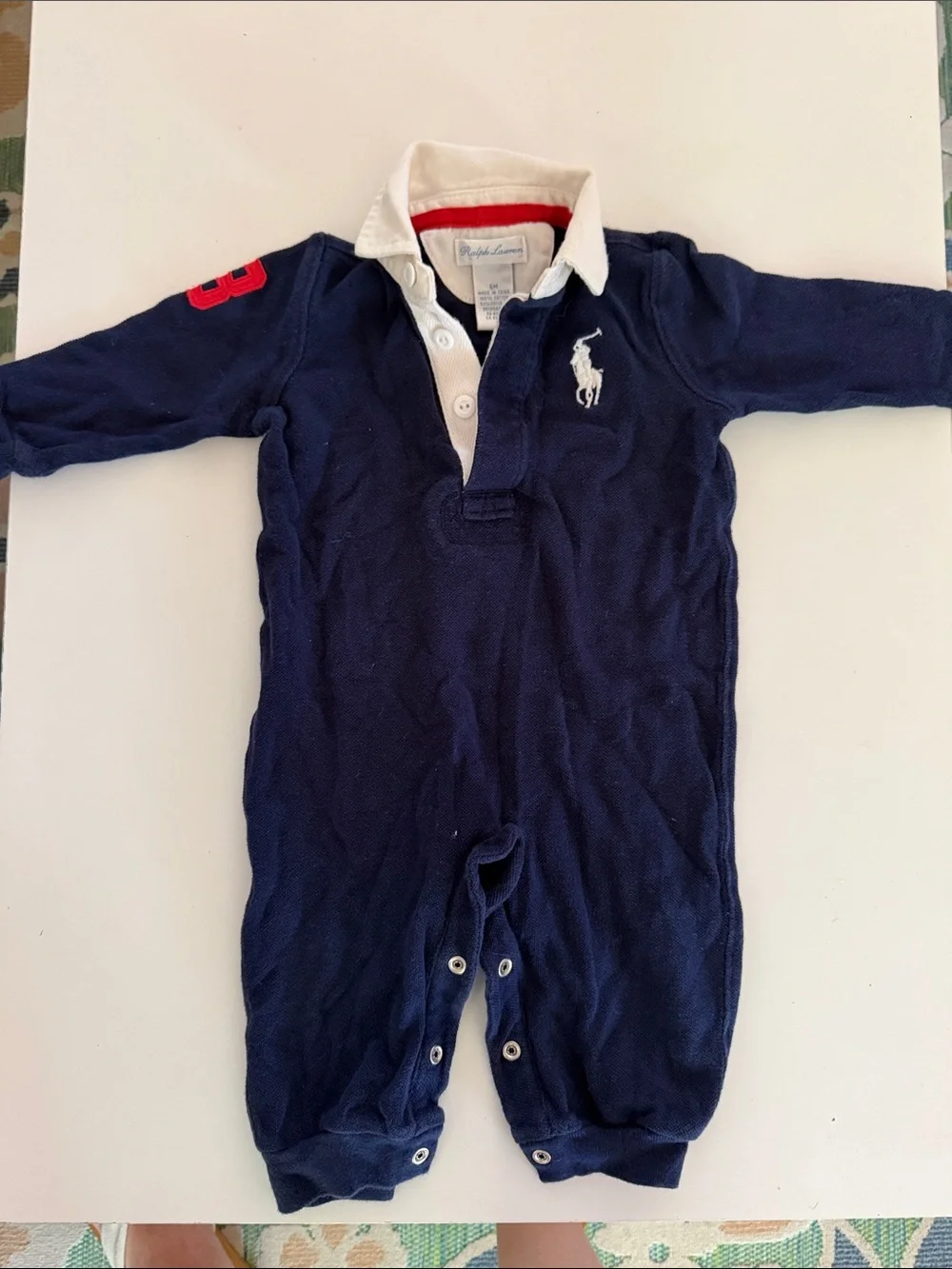 Ralph Lauren Navy & White Polo Footed One-Piece with Red Sleeve Accent